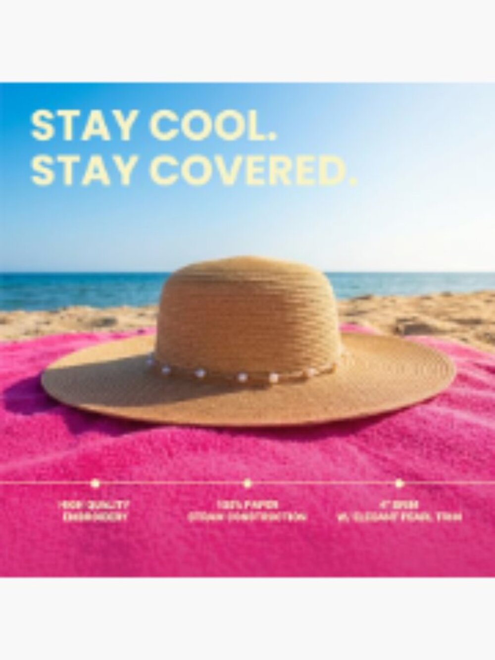 Wide Brim Packable Straw Sun Hat with Pearl Trim, UPF 50+ - Picture 5 of 7